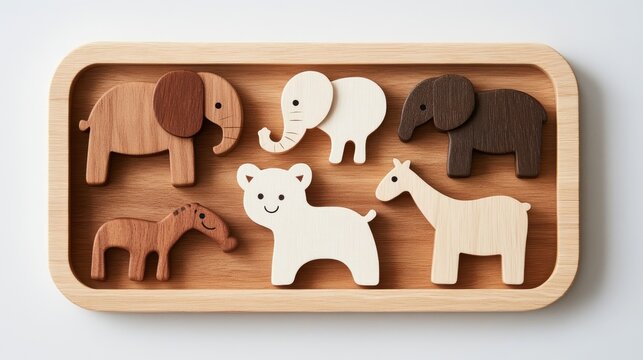 A wooden puzzle featuring rubberwood animal shapes for toddlers.