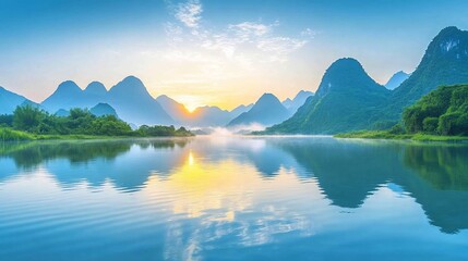 Serene sunrise over misty karst mountains reflected in calm lake
