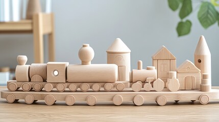 A wooden train set crafted from natural rubberwood on a wooden floor.