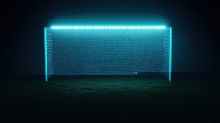 Futuristic illuminated soccer goal on a dark field with glowing net and ball in focus