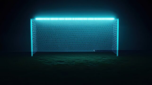 Futuristic illuminated soccer goal on a dark field with glowing net and ball in focus
