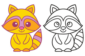 Adorable Cartoon Raccoon Coloring Page Illustration Featuring a Cute Yellow Raccoon and a Black and White Outline for Kids