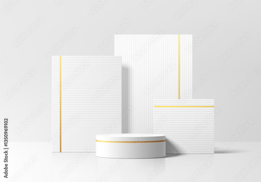 Sticker realistic 3d white cylindrical podium background with layers square frames backdrop. wall minimalist