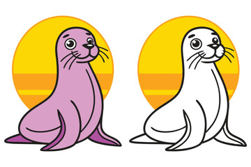 Adorable Pink and White Seal Illustrations Against a Sunset Background Perfect for Children's Books Websites or Educational Materials