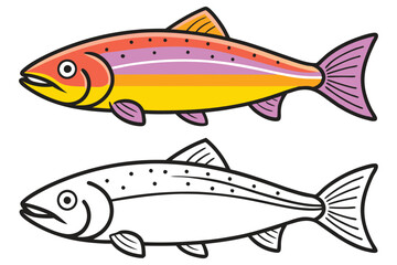 Colorful Salmon Fish Illustration and its Outline Drawing for Kids Coloring Book
