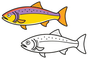 Colorful Fish Illustration and Black and White Coloring Page for Kids