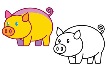 Cute Cartoon Pig Illustration Coloring Page Two Versions Yellow Pig and Outline Pig