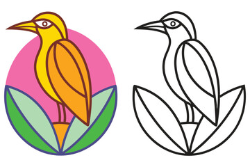 Vibrant Bird Illustration with Line Art Version Colorful Bird on Leaves Background Nature Design Graphic Art