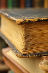 Close-up of aged, vintage books with worn covers and yellowed pages.