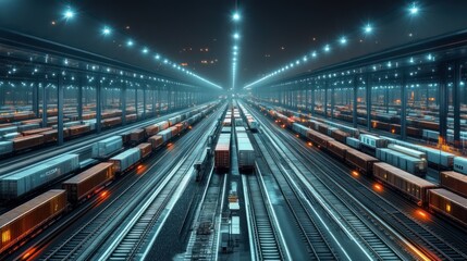 Fototapeta premium Night Train Station: A Symphony of Steel and Lights