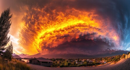Fiery Sunset Supercell Storm over Village