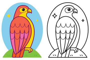 A Colorful Cartoon Eagle Illustration with a Coloring Page Version