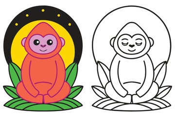 Adorable Orangutan Meditating Underneath the Moon Cute Cartoon Illustration Coloring Page