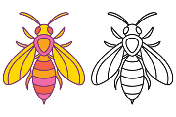 A Colorful Bee and Its Outline Drawing for Coloring Pages for Kids Learning Activities