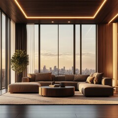 Modern living room with city skyline view at sunset.