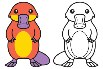 Adorable Platypus Illustration Colored and Outline Versions for Kids Coloring Book Pages