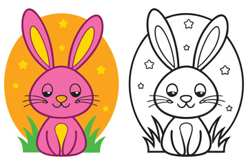 Adorable Pink Bunny Rabbit in Grass with Orange Sunset Background Coloring Page Illustration