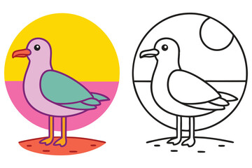 Adorable Seagull on Beach at Sunset  Cute Bird Illustration Coloring Page