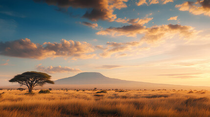 Naklejka premium remarkable landscape of Kenyan savanna at twilight, with its tranquil grandeur, embodies distant Mount Kilimanjaro, vast plains, and profound connection between land and sky