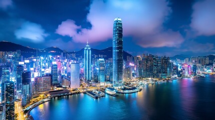 Obraz premium Stunning Night View of Hong Kong Skyline with Illuminated Skyscrapers
