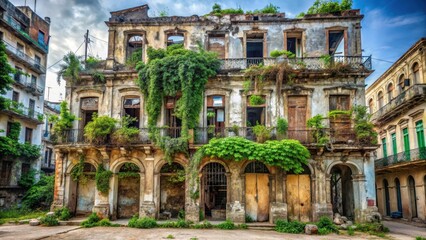 Fototapeta premium Dilapidated colonial building in Havana's Old Town with crumbling stonework and overgrown vegetation, dilapidation, frayed edges
