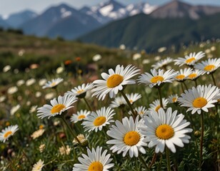 Fototapeta premium a bouquet of daisies against the backdrop of mountains