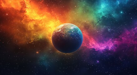 Obraz premium A vibrant planet surrounded by swirling colorful cosmic nebulae