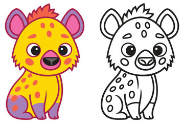 Adorable Cartoon Hyena Coloring Page Illustration for Kids Featuring a Cute Yellow Hyena and its Black and White Outline Version