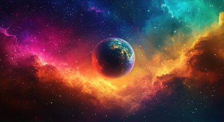 A colorful planet floats amid nebulas and countless stellar stars