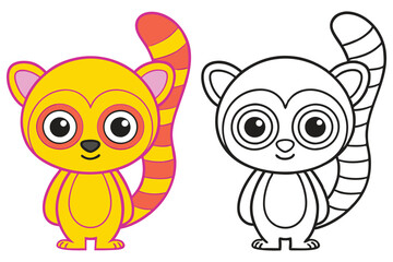 Adorable Cartoon Lemur Coloring Page Illustration for Kids featuring a Cute Yellow Lemur and a Black and White Outline Version
