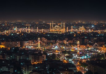 Naklejka premium Illuminated Mosque and Cityscape at Night Celebrating Ramadan Festival