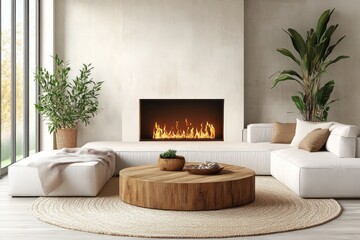 Cozy living room features fireplace and modern furniture arrangement