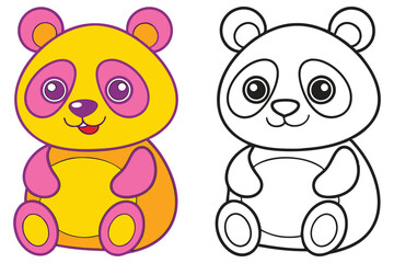 Adorable Cartoon Panda Coloring Page Illustration for Kids Featuring a Cute Yellow and Pink Panda and a Black and White Outline Version