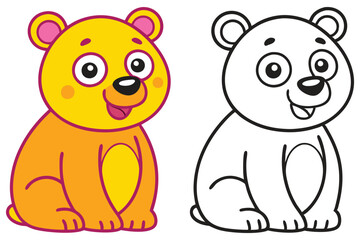 Adorable Cartoon Bear Cub Coloring Page Illustration for Kids Featuring a Cute Orange Bear and a Black and White Outline Version