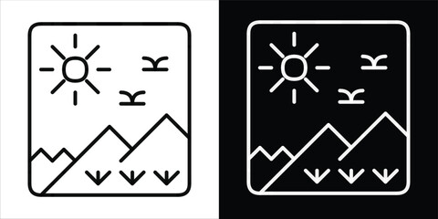 Minimalist Landscape with Sun, Mountains, and Birds Icon Design
