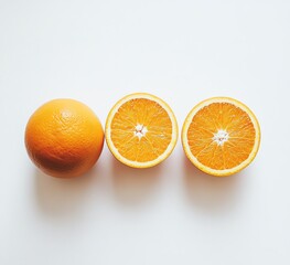 Bright Oranges Still Life Halved and Whole on Clean White Background