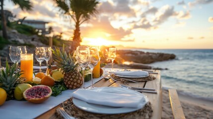 Dynamic tropical fruit centerpiece on sunset beach table setting highlighting tropical vibes realistic elements