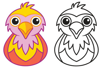 Adorable Cartoon Bird Coloring Page Illustration Featuring a Cute Bird Character in Color and a Line Art Version for Kids