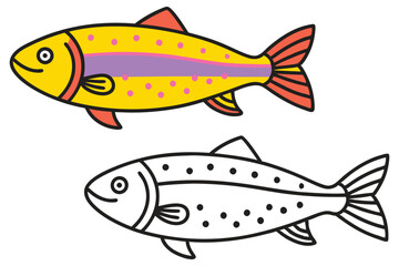 A Colorful Cartoon Fish and Its Outline Version for Coloring Illustration