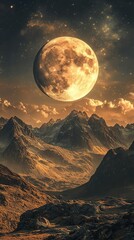 Majestic full moon rising over a dramatic mountain range under a starry night sky.  Serene landscape photography.