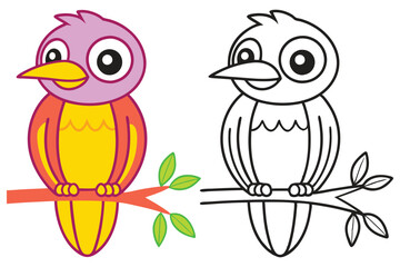 Adorable Cartoon Bird on Branch Coloring Page Illustration for Kids
