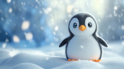 Cute penguin in snowy winter scene; holiday card