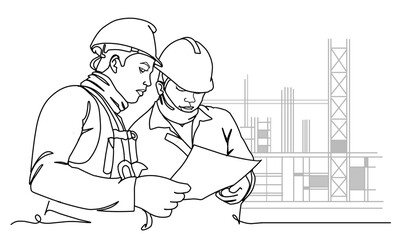 Line Art Drawing of a Construction Architect Working at a Site	