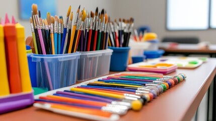 Naklejka premium Art Supplies on a Table in an Educational Classroom Setting