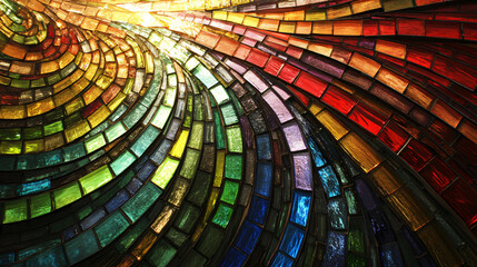 Stunning colorful stained glass wall displaying a beautiful array of multicolored mosaics illuminated by bright daylight.