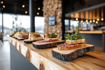 Gourmet charcuterie board display restaurant interior food photography hardwood table eye-level view natural light enhancing colors