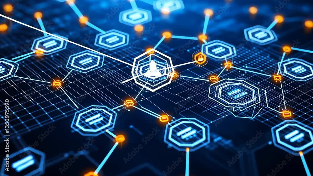 Poster digital network illustrating blockchain technology and cybersecurity generative ai