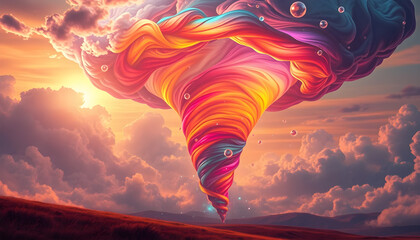 Celestial Cyclone: A Radiant Rainbow Tornado in a Fantasy Sunset Sky