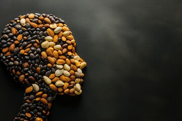 Human silhouette close up made from nut and seeds against background minimalism