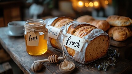 Freshly baked loaves of bread, honey, and warm ambiance